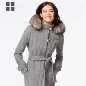 Ladies Calvin Klein Fur Trimmed Wool Blend Coat